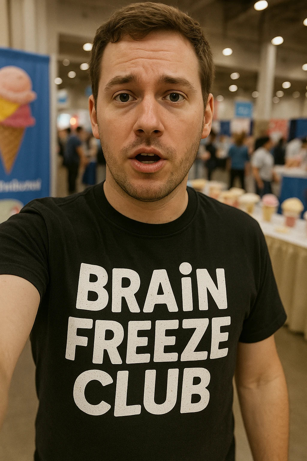 "Brain Freeze Club" black cream t shirt, photographed as ice cream lover gift