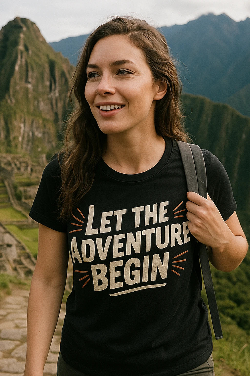 "Let the Adventure Begin" black adventure travel shirts, photographed as adventure travel lover gift