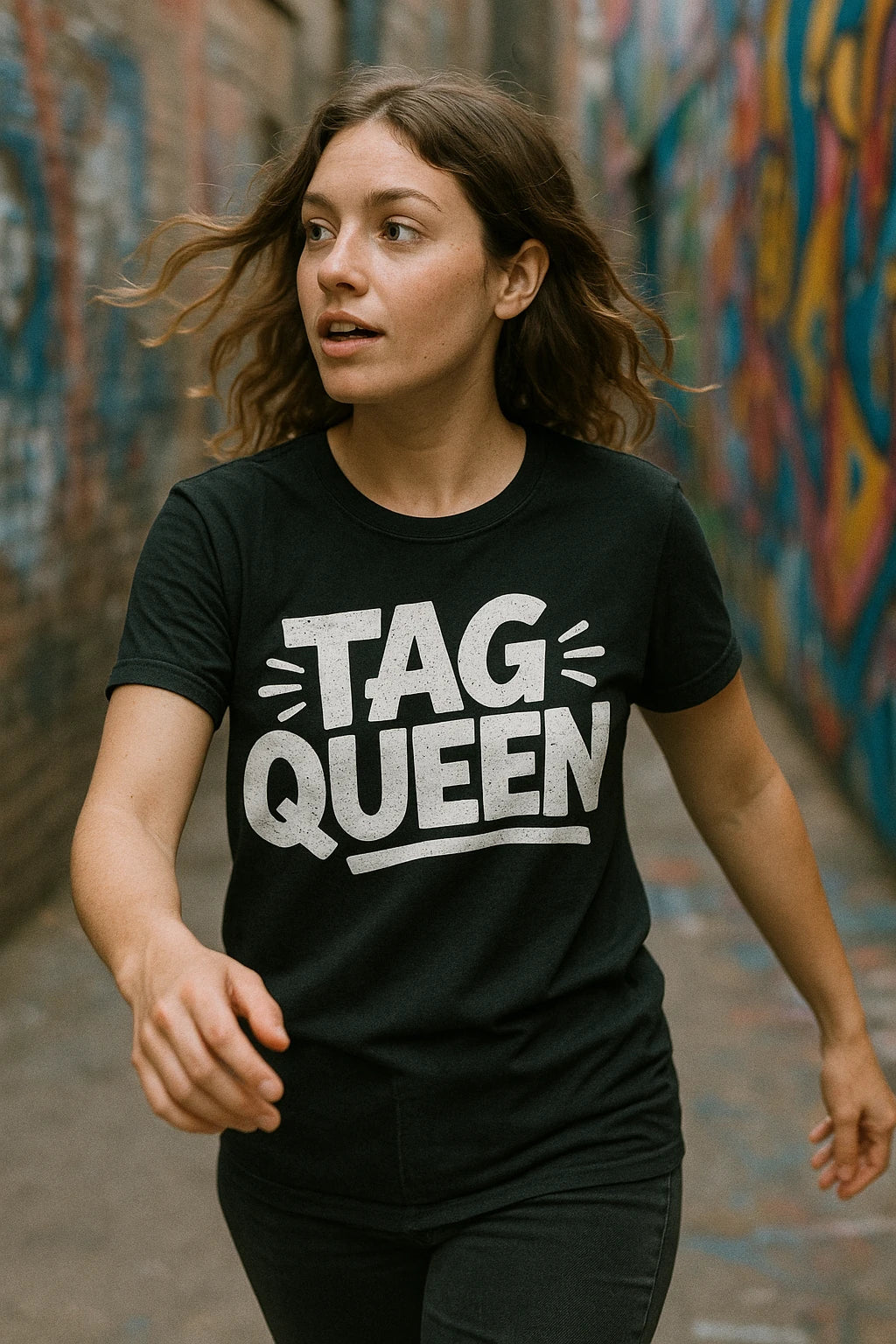 "Tag Queen" black street art t shirt, photographed as gifts for street art lovers