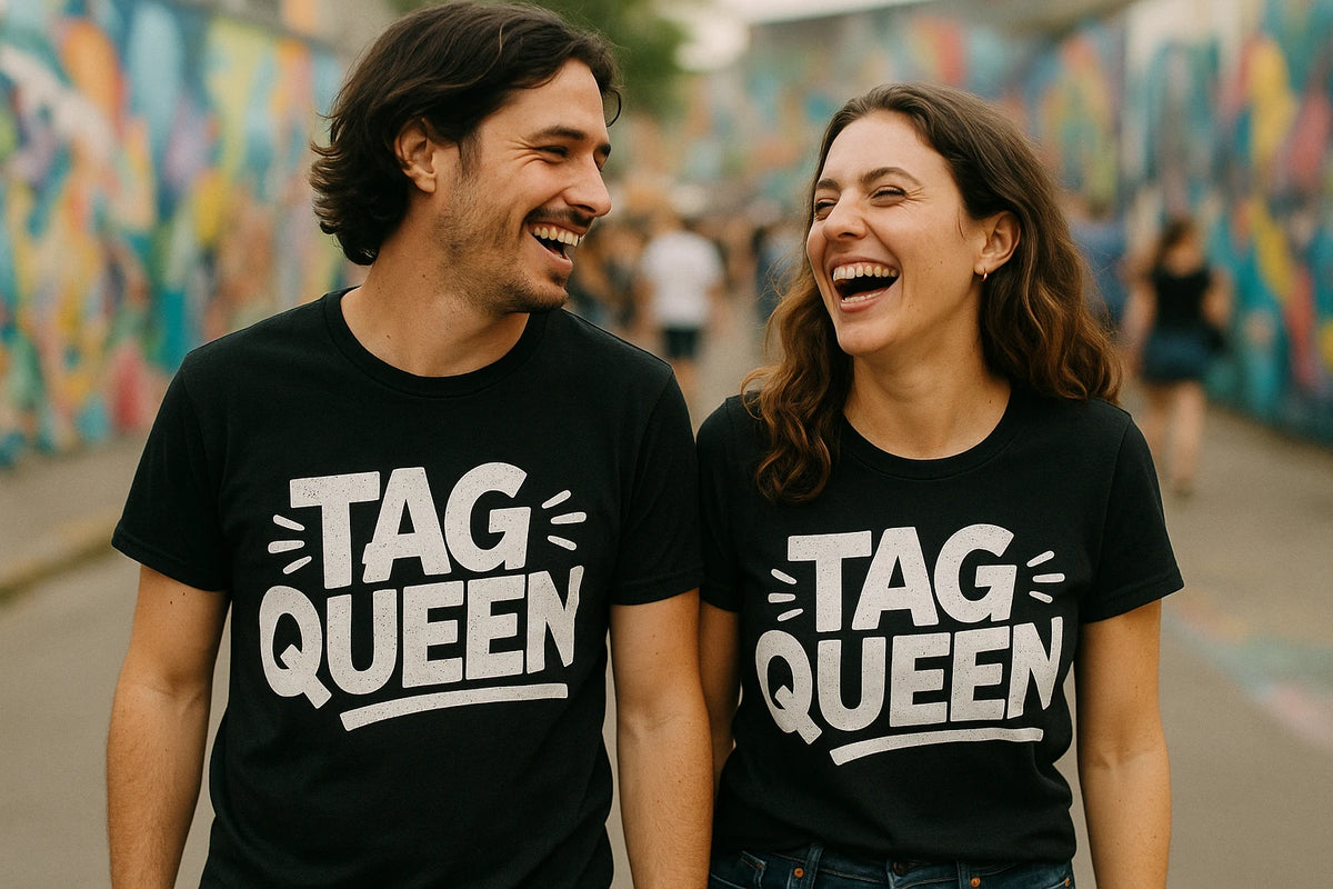 Person wearing the black street art t shirt graphic tee - "Tag Queen" design