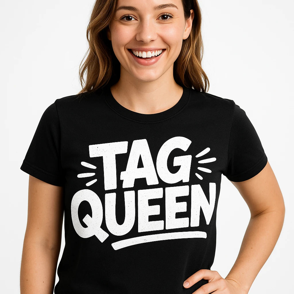 Close-up of the "Tag Queen" white print on a premium Bella+Canvas black street art t shirt