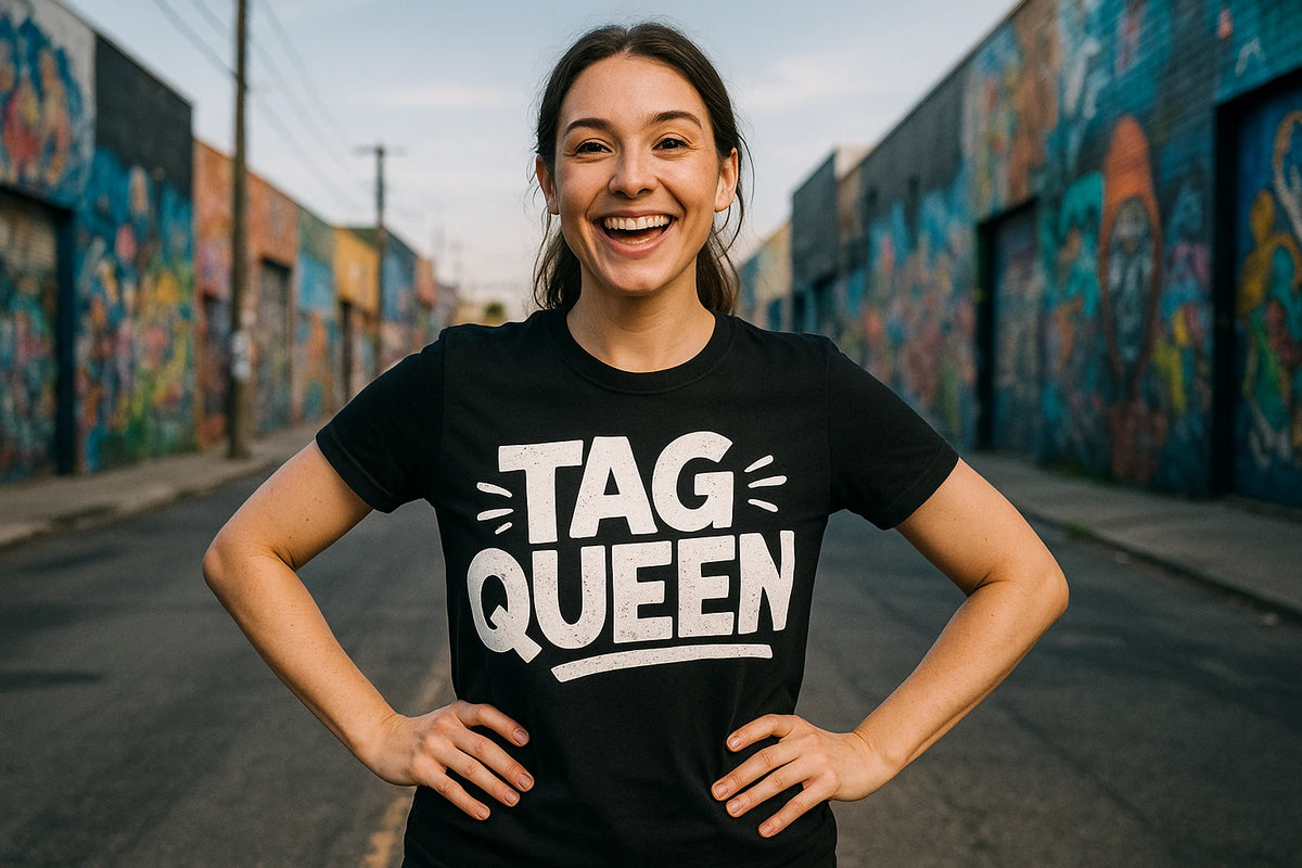 Lifestyle shot of the "Tag Queen" black street art t shirt in a real-world setting