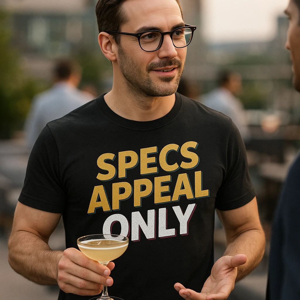 "Specs Appeal Only" black cocktail t shirt - also one of the gifts for someone who likes to make cocktails