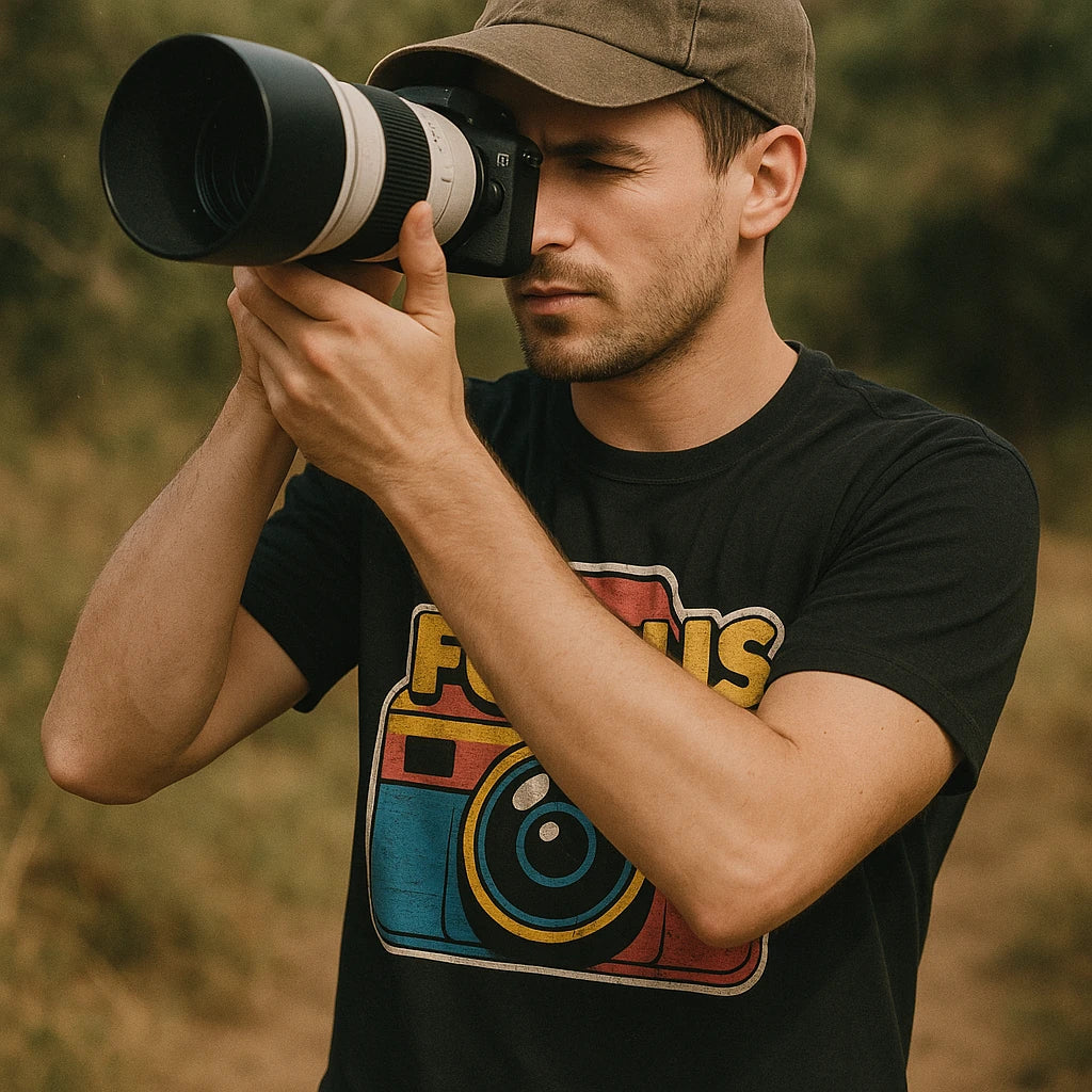 "Focus Pls" black photography on t shirts, photographed as gifts for photography buffs