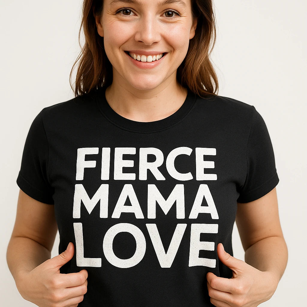 Close-up of the "Fierce Mama Love" white print on a premium Bella+Canvas black mum life t shirt
