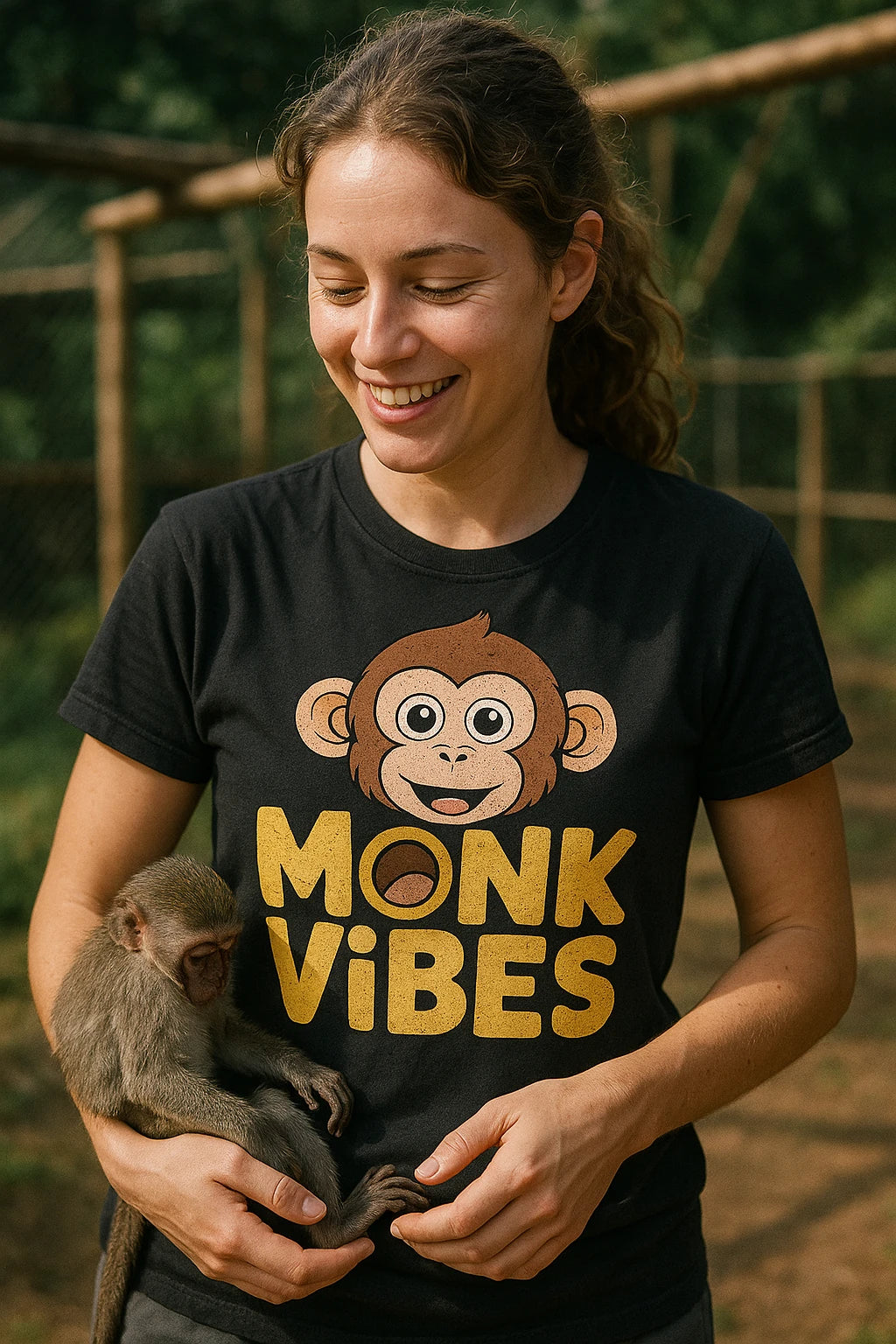 "Monk Vibes" black monkey face t shirt, photographed as gift ideas for monkey lovers
