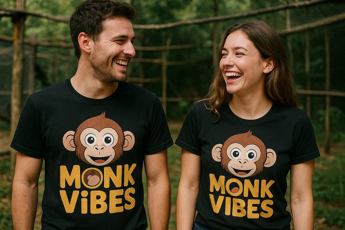 Person wearing the black monkey face t shirt graphic tee - "Monk Vibes" design