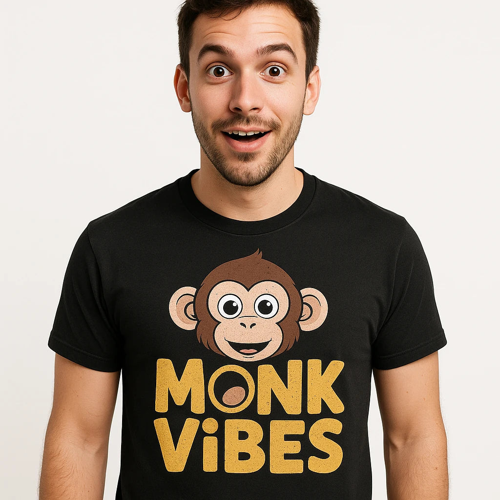 Close-up of the "Monk Vibes" gold print on a premium Bella+Canvas black monkey face t shirt
