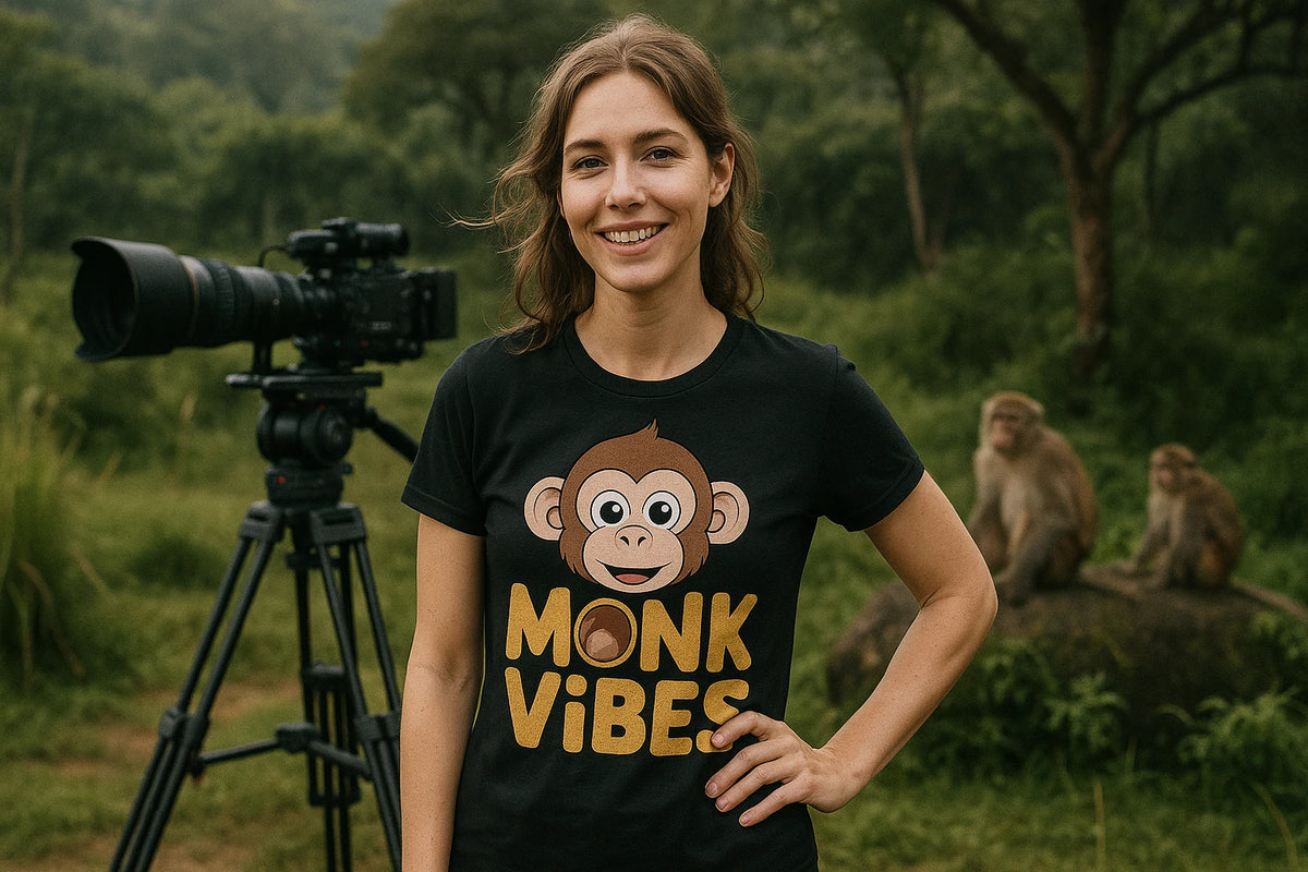 Lifestyle shot of the "Monk Vibes" black monkey face t shirt in a real-world setting
