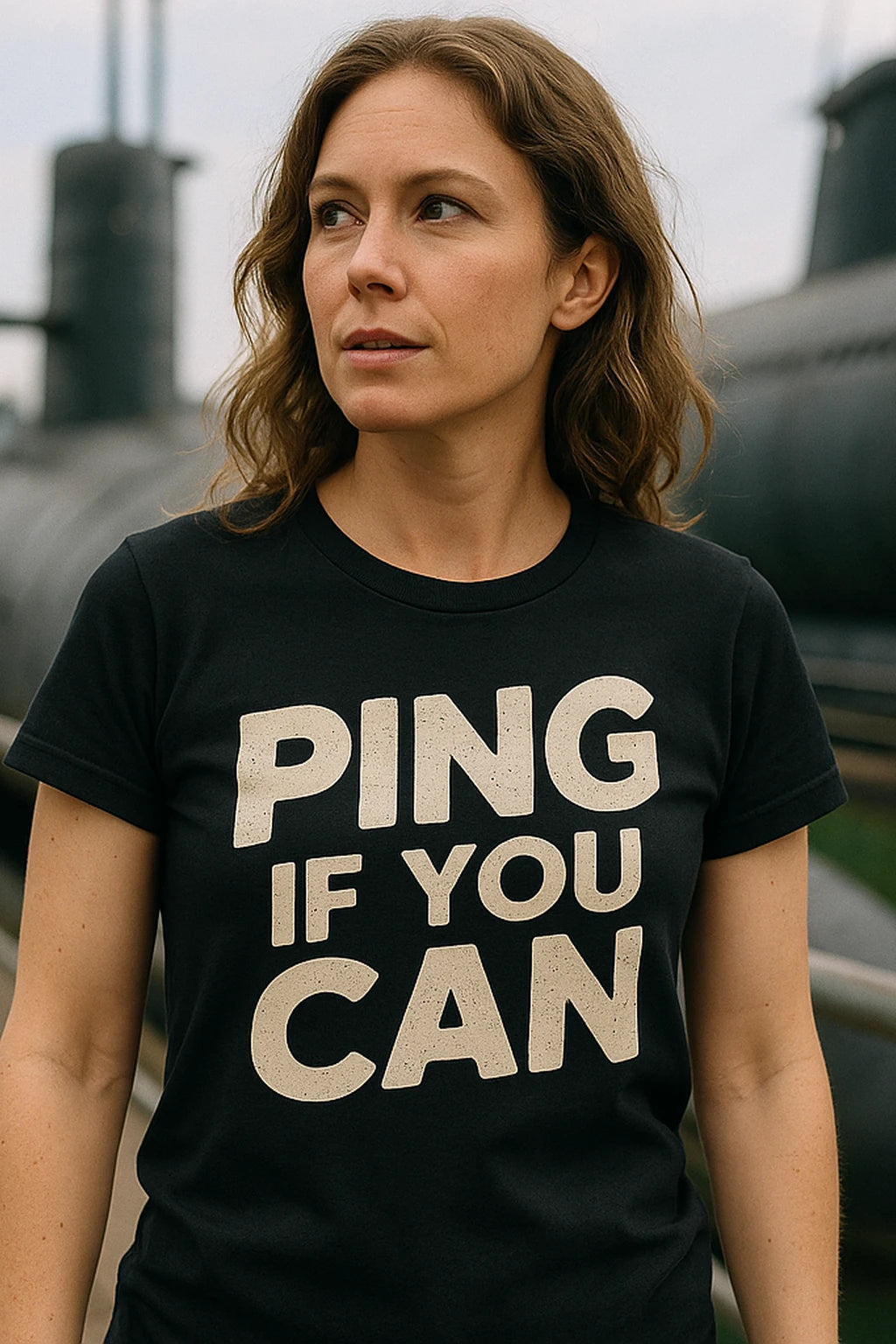 "Ping If You Can" black submarine tee shirts, photographed as submarine lover gift