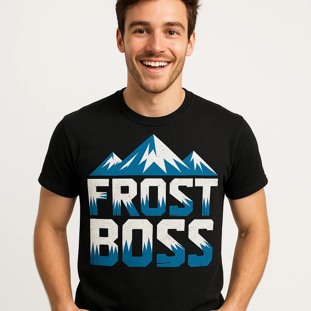 Close-up of the "Frost Boss" white print on a premium Bella+Canvas black the arctic t shirt