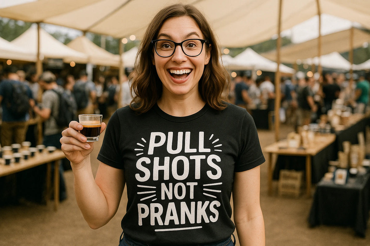 Lifestyle shot of the "Pull Shots Not Pranks" black espresso t shirt in a real-world setting