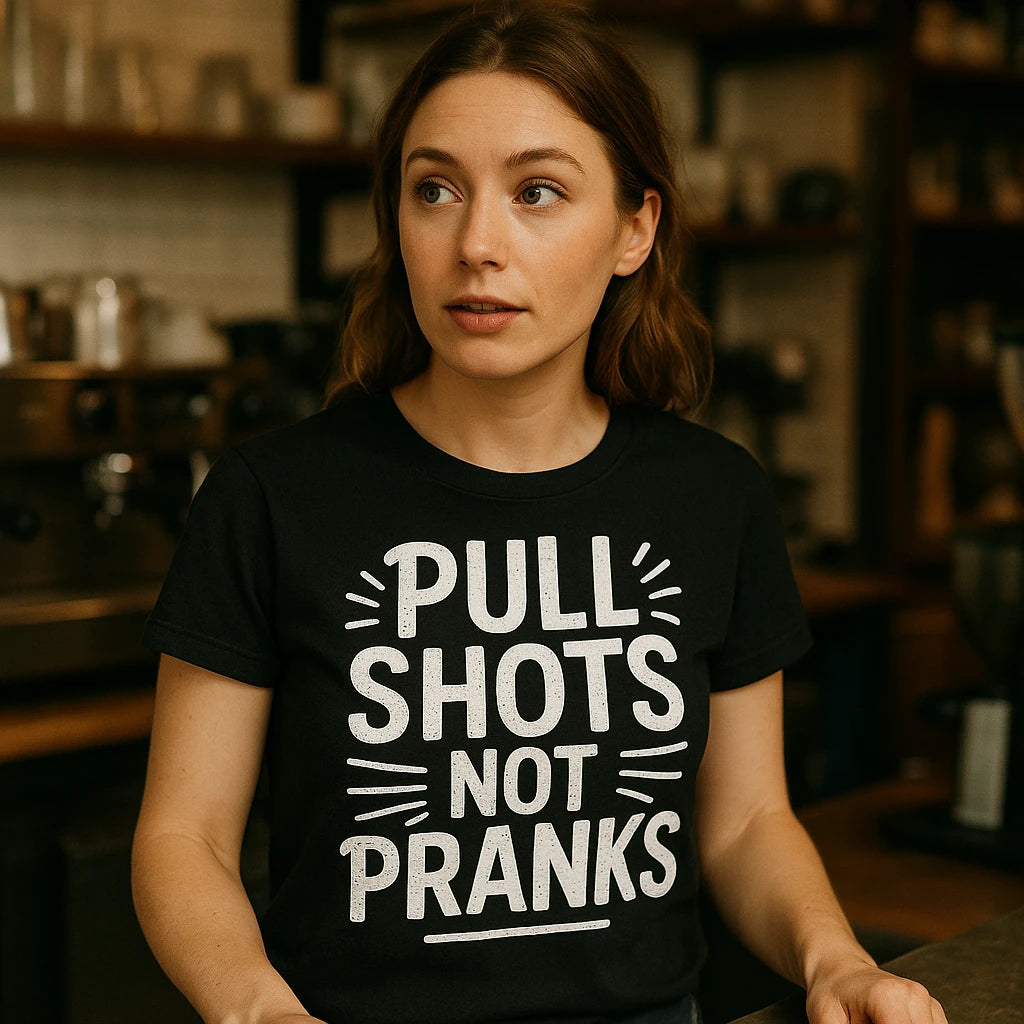 "Pull Shots Not Pranks" black espresso t shirt, photographed as presents for espresso lovers