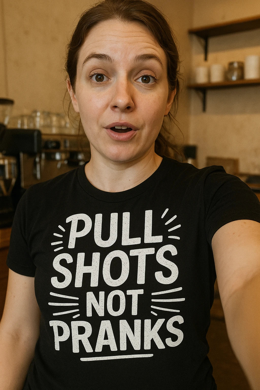 "Pull Shots Not Pranks" black espresso t shirt - also one of the best gifts for espresso lovers