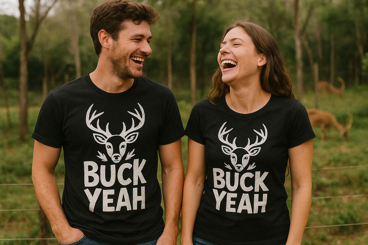 Person wearing the black deer tee shirts graphic tee - "Buck Yeah" design