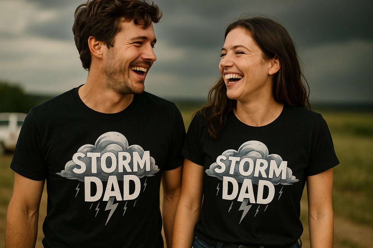 Person wearing the black storms shirts graphic tee - "Storm Dad" design