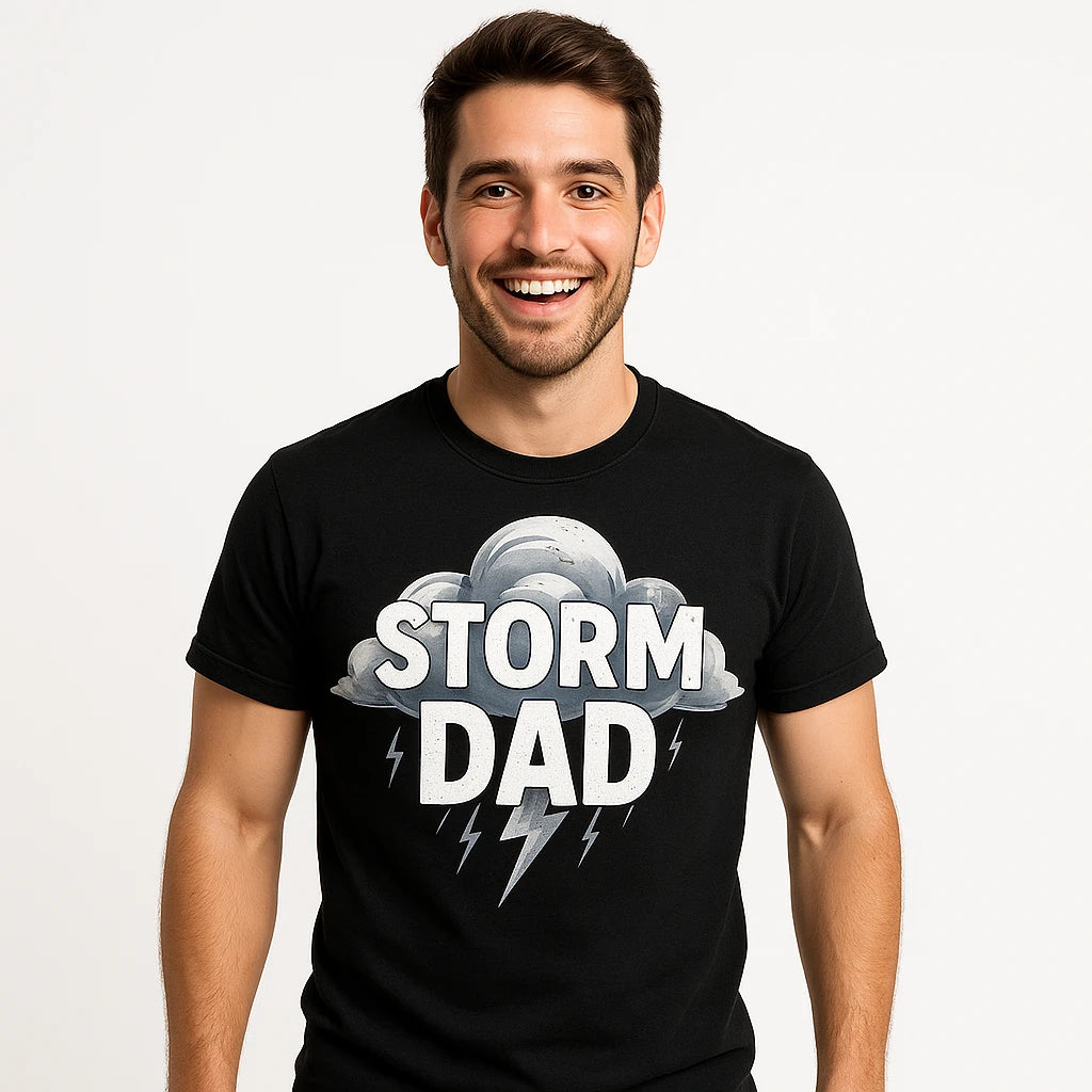 Close-up of the "Storm Dad" white print on a premium Bella+Canvas black storms shirts
