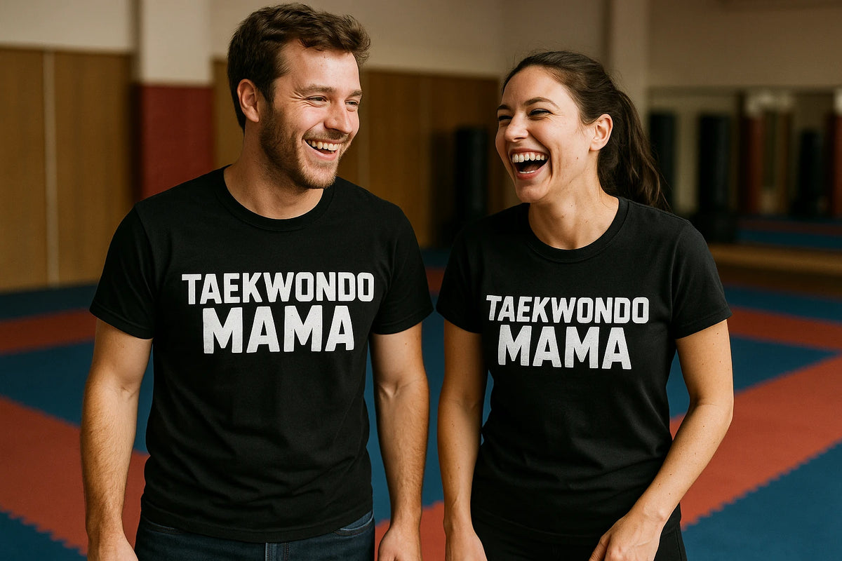 Person wearing the black t shirt martial arts graphic tee - "Taekwondo Mama" design