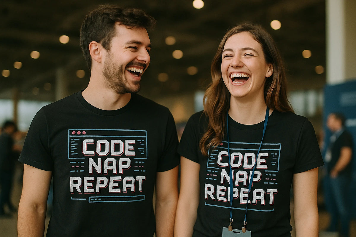 Person wearing the black programming t shirt graphic tee - "Code Nap Repeat" design