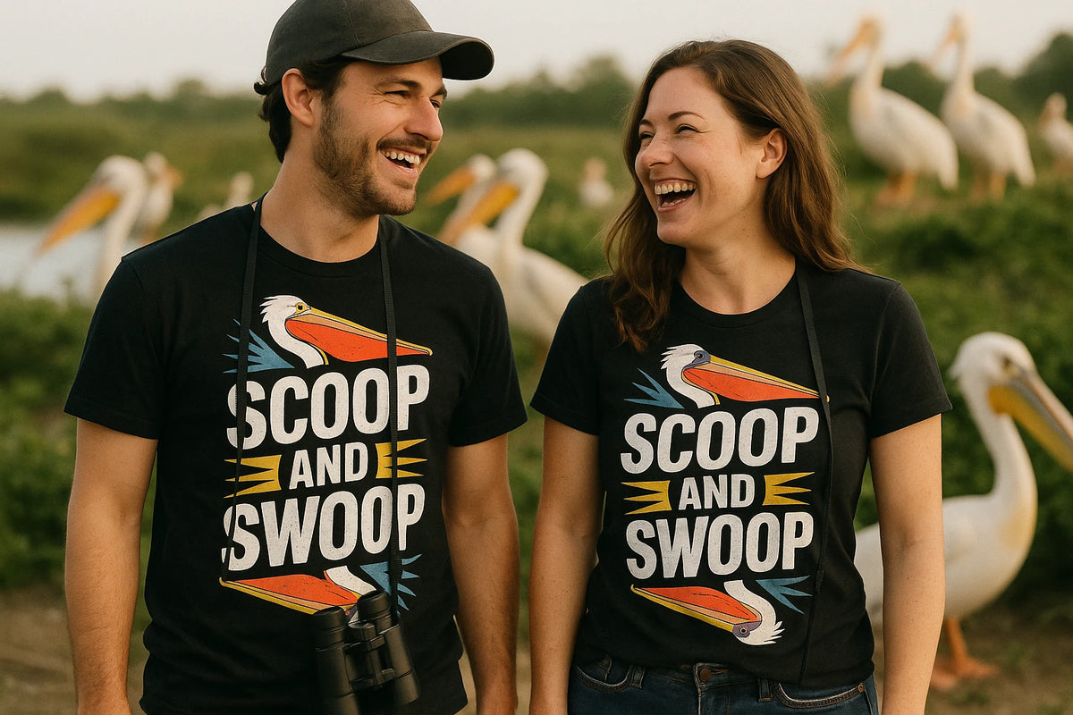 Person wearing the black pelican shirts graphic tee - "Scoop and Swoop" design