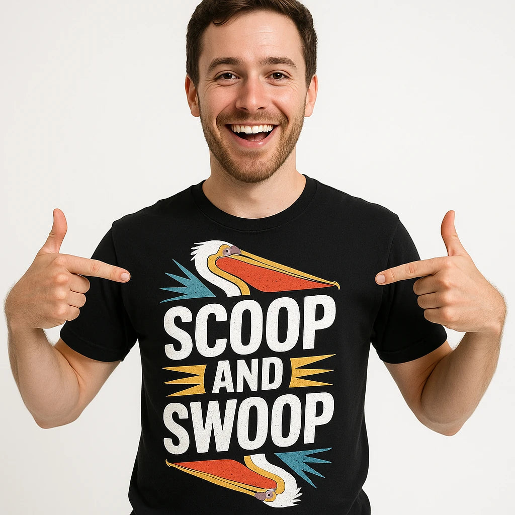 Close-up of the "Scoop and Swoop" white print on a premium Bella+Canvas black pelican shirts