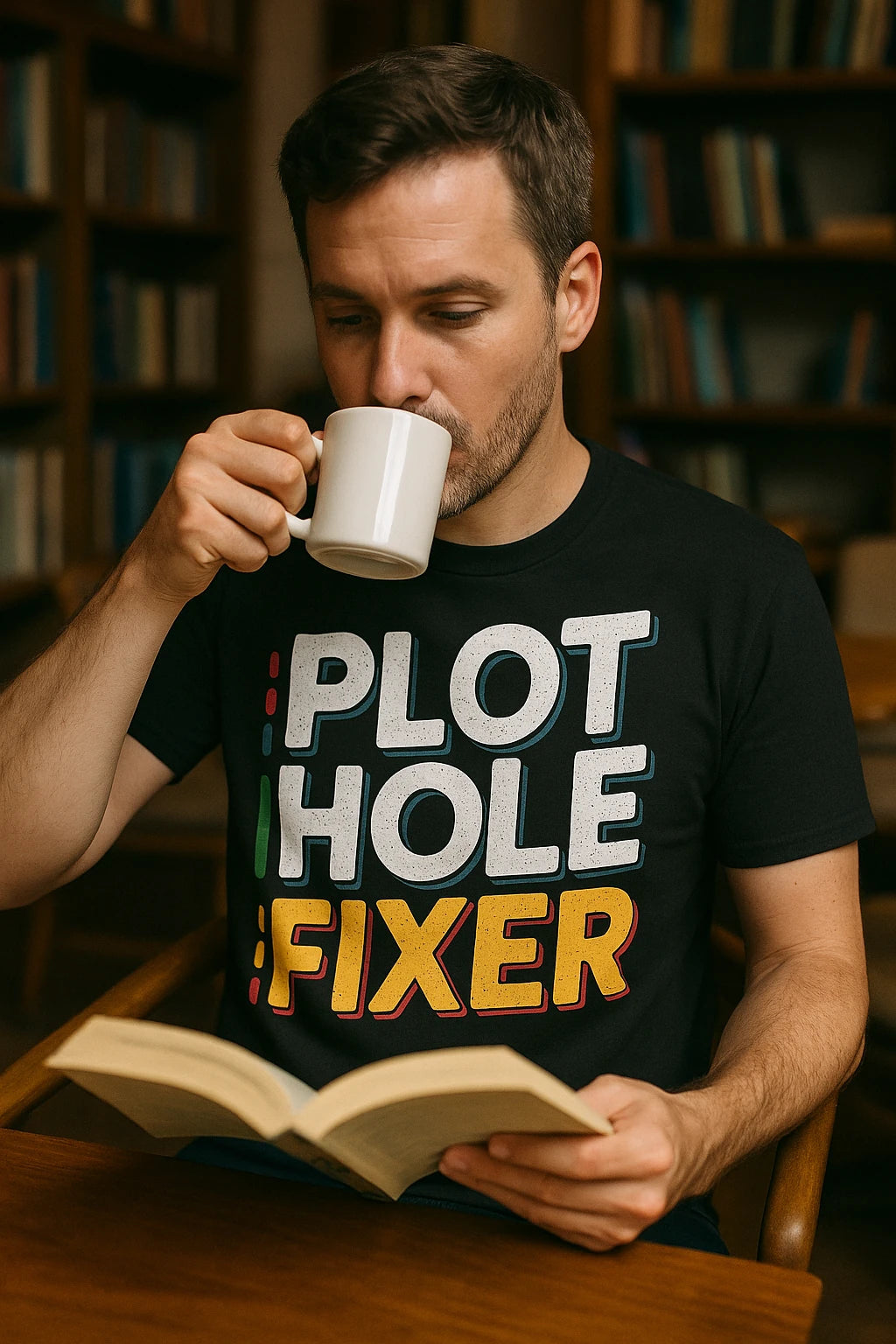 "Plot Hole Fixer" black reading rainbow tshirt - also one of the presents for a reader