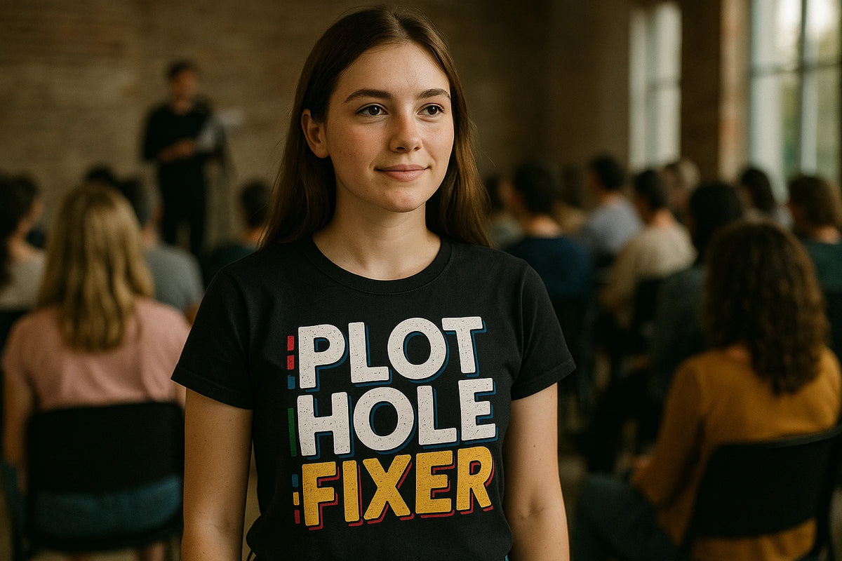 Lifestyle shot of the "Plot Hole Fixer" black reading rainbow tshirt in a real-world setting