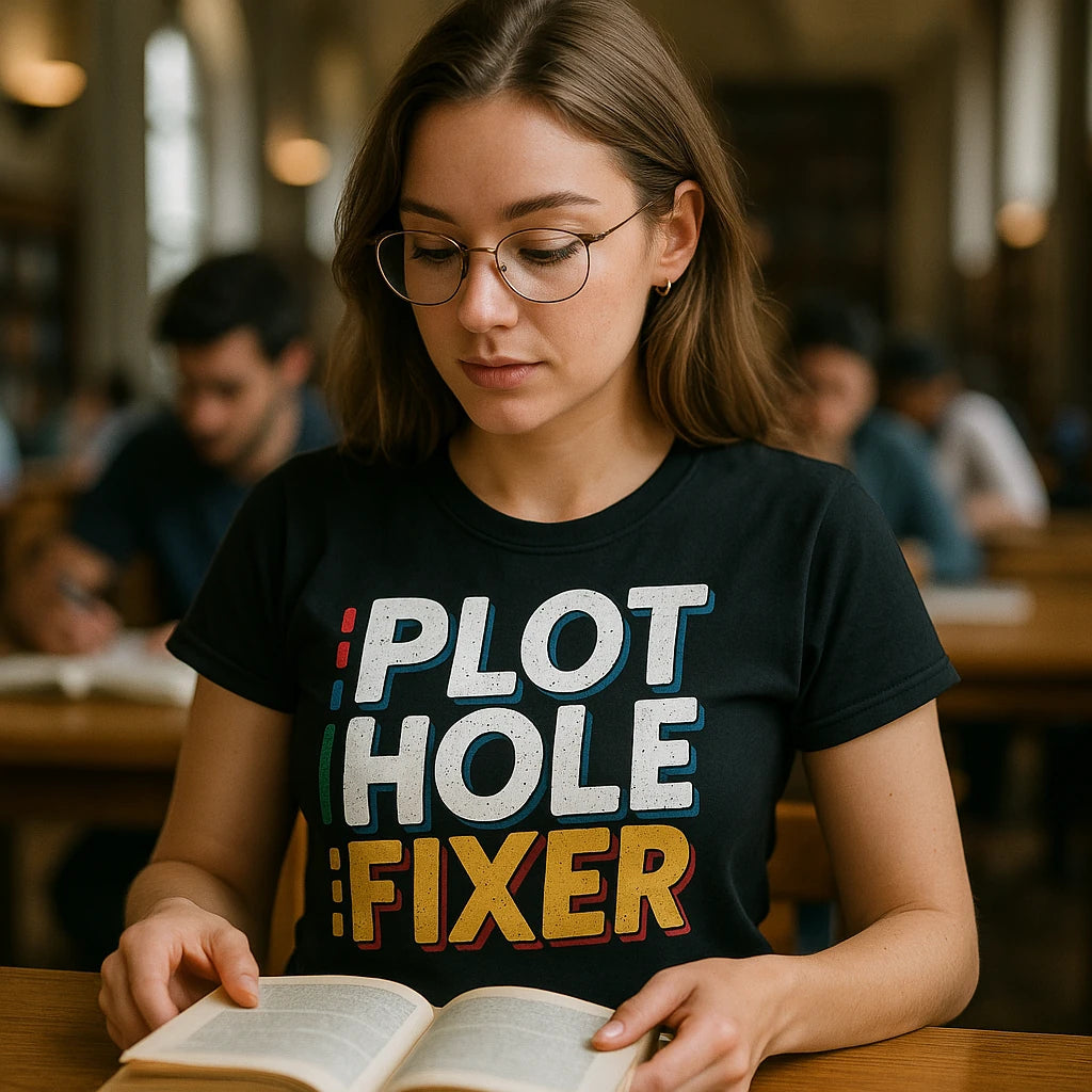 "Plot Hole Fixer" black reading rainbow tshirt - also one of the gifts for someone who loves reading