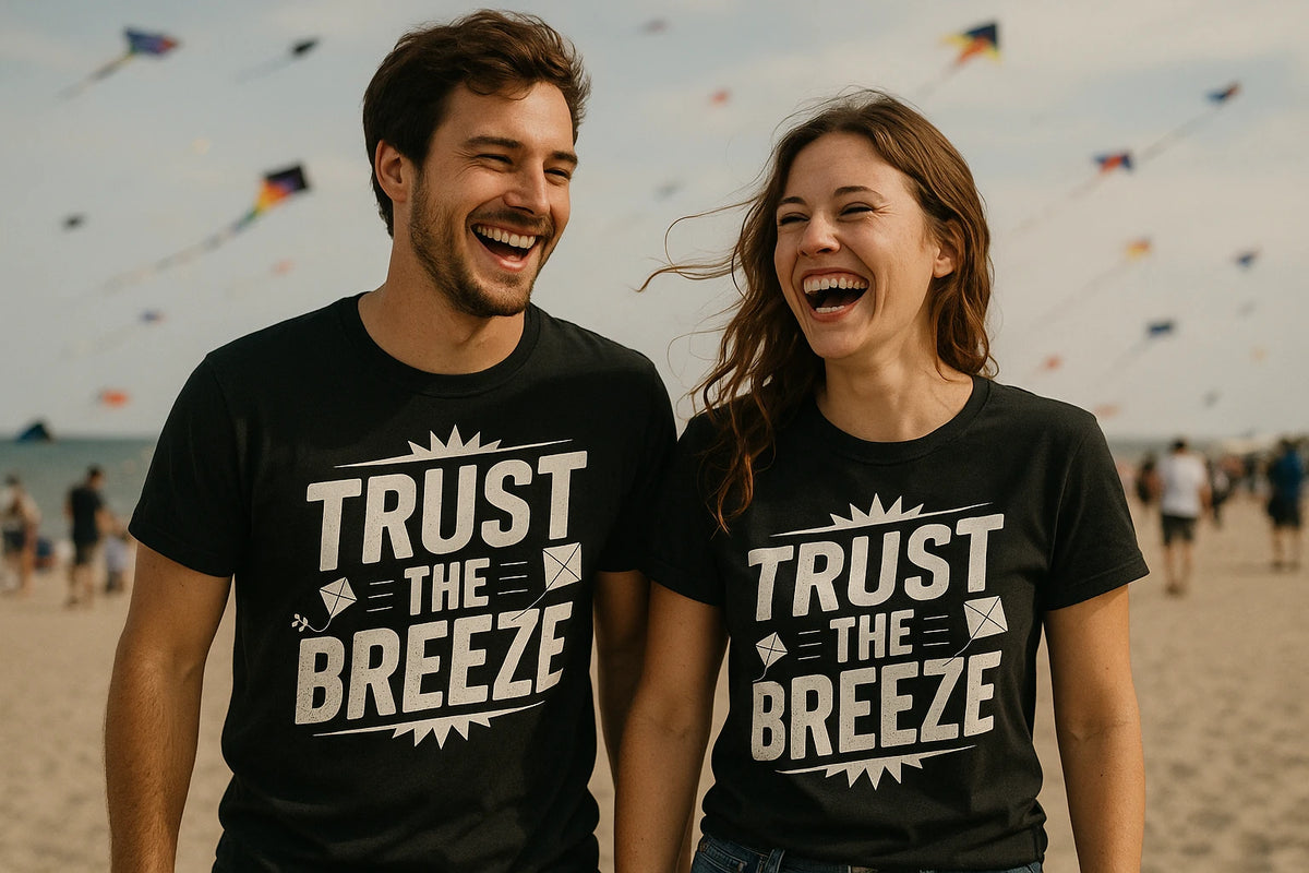 Person wearing the black kite flying t shirt graphic tee - "Trust the Breeze" design