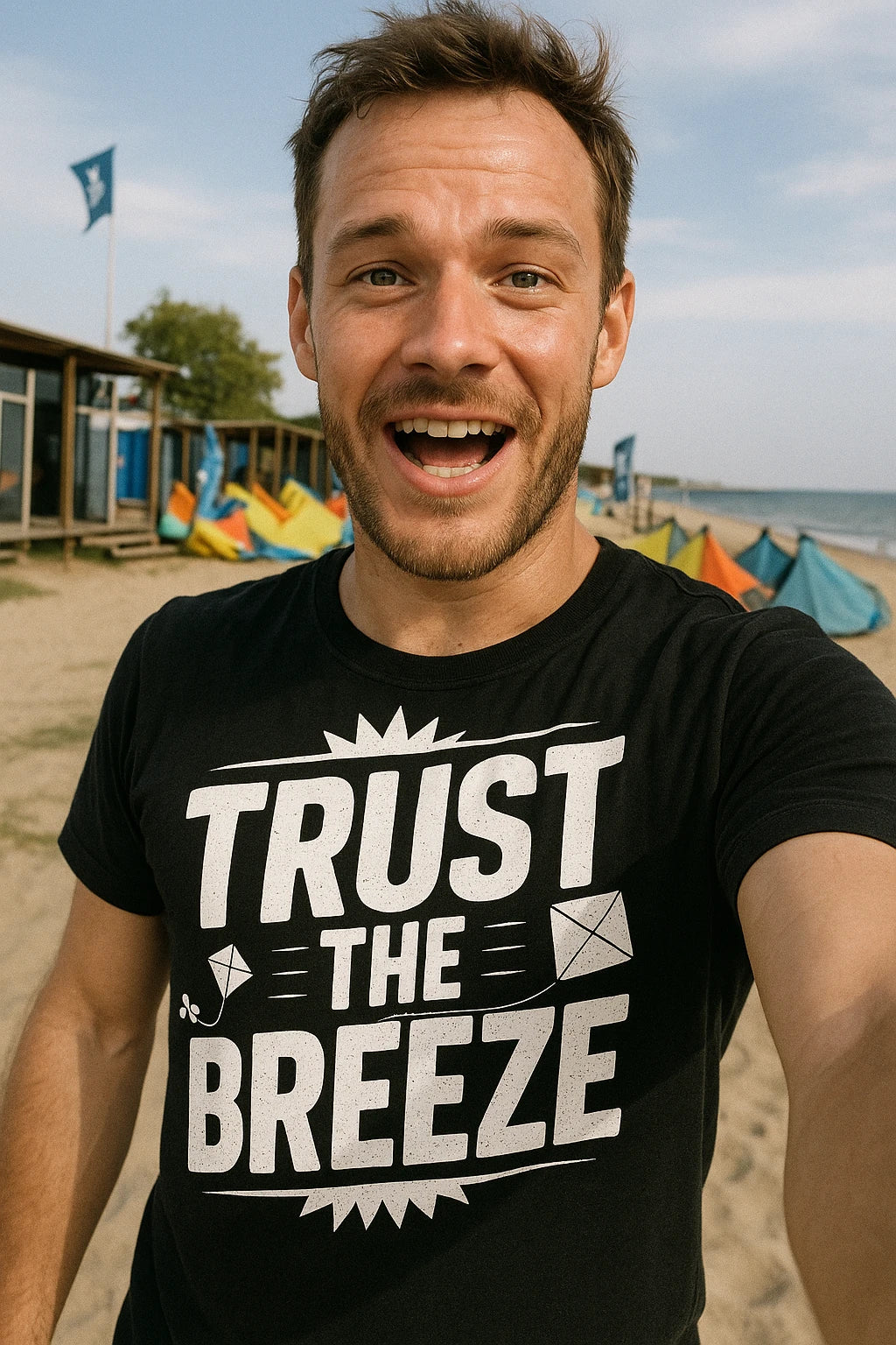 "Trust the Breeze" black kite flying t shirt, photographed as kite flying gift