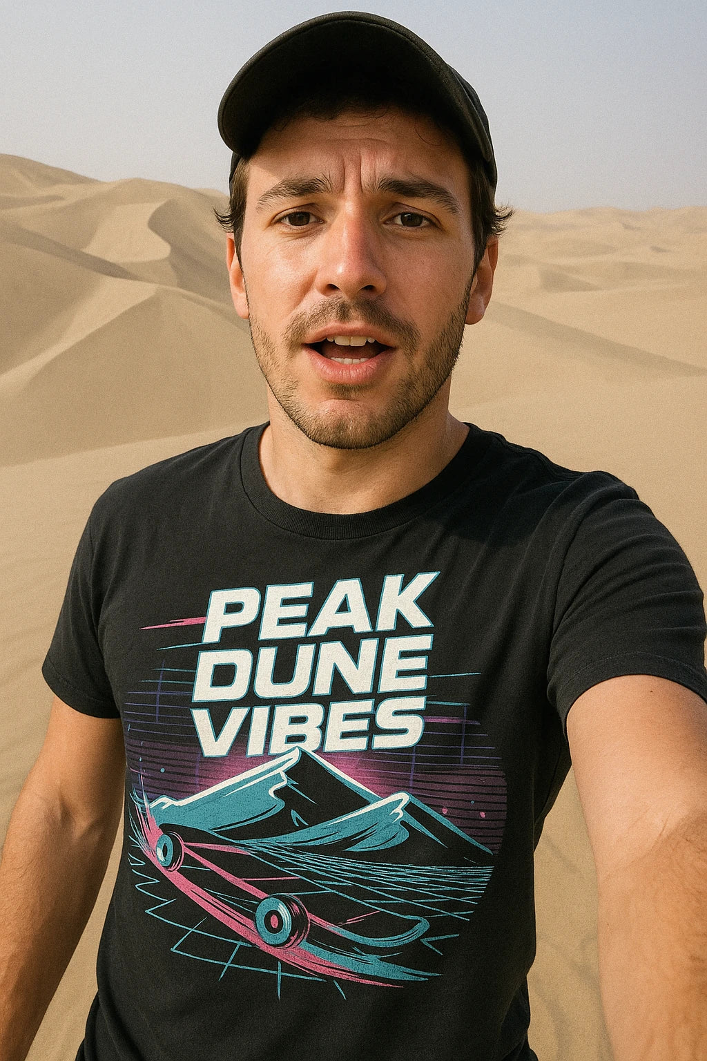 "Peak Dune Vibes" black sandboarding shirts, photographed as sandboarding lover gift