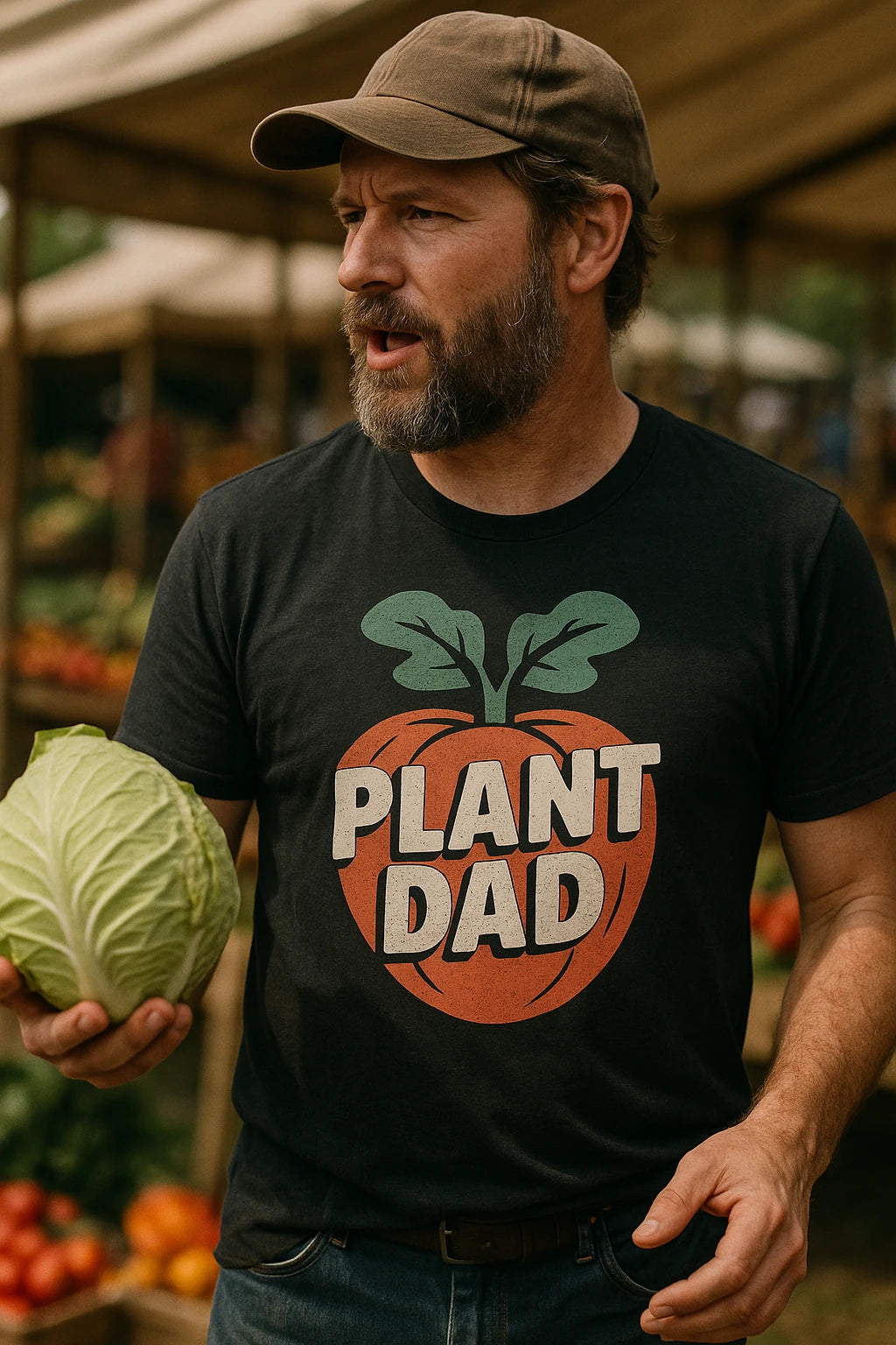 "Plant Dad" black vegetable t shirt, photographed as gifts for vegetable lovers