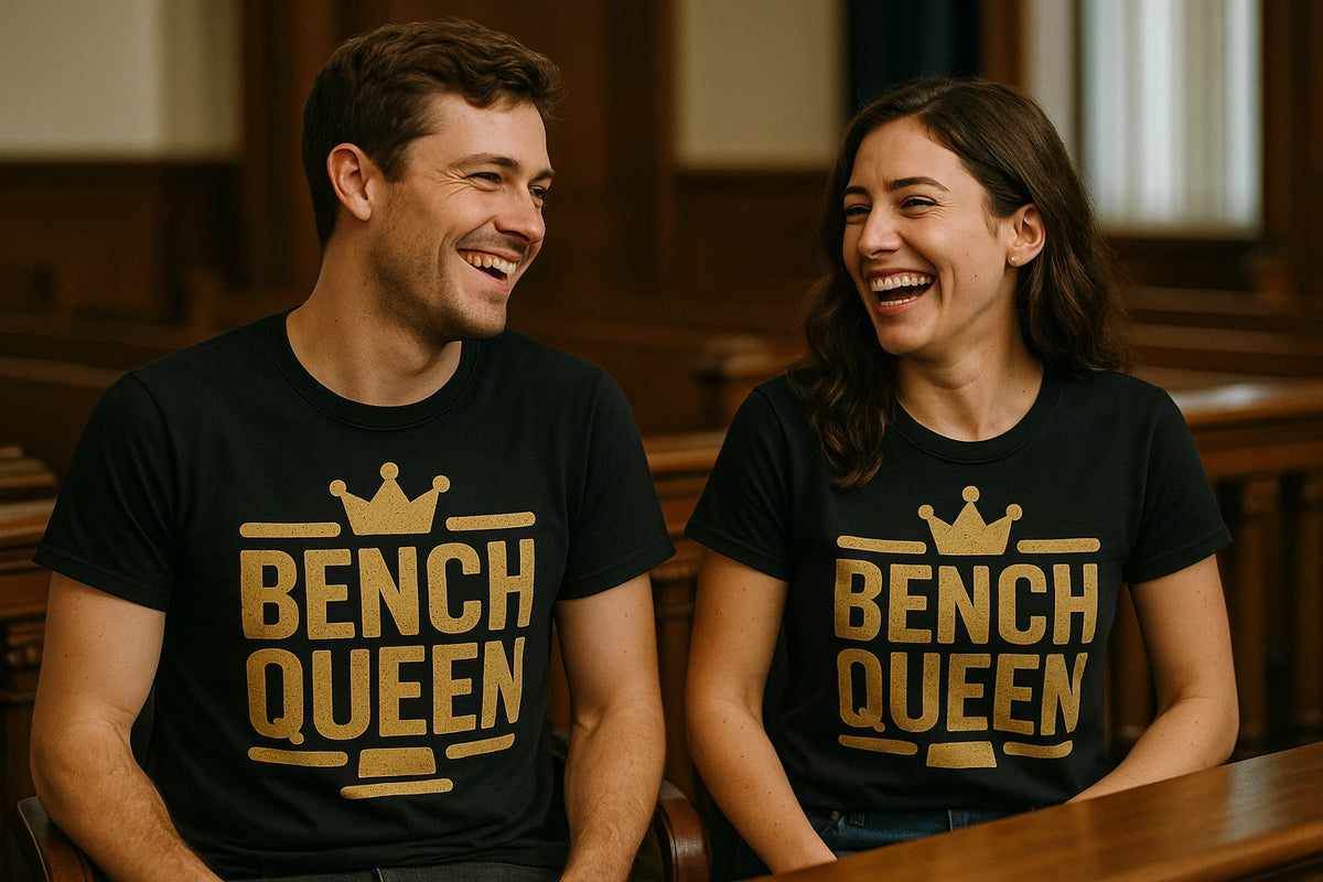 Person wearing the black judge t shirt graphic tee - "Bench Queen" design
