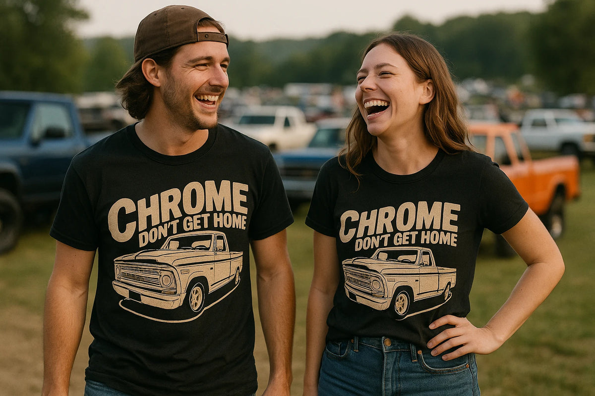 Person wearing the black trucks t shirt graphic tee - "Chrome Dont Get Home" design