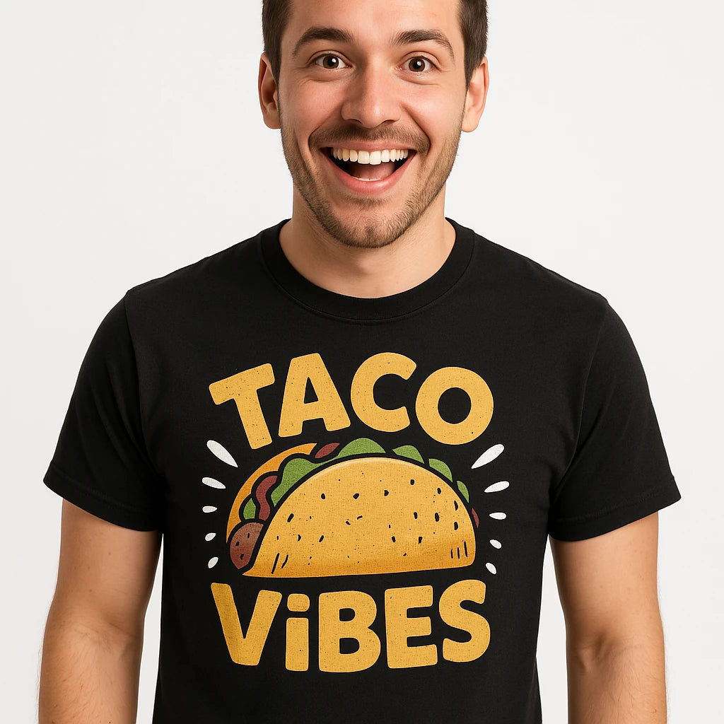 Close-up of the "Taco Vibes" gold print on a premium Bella+Canvas black taco t shirt