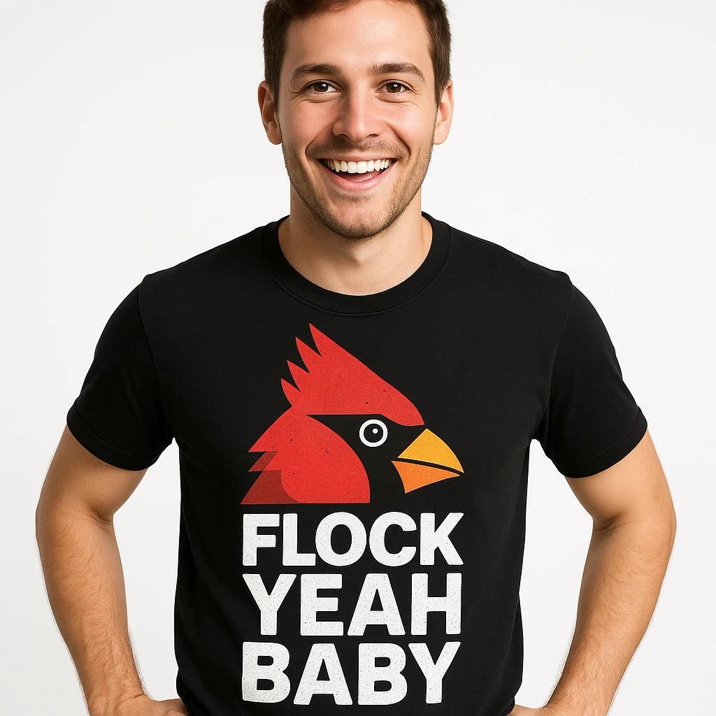 Close-up of the "Flock Yeah Baby" white print on a premium Bella+Canvas black cardinal t shirt