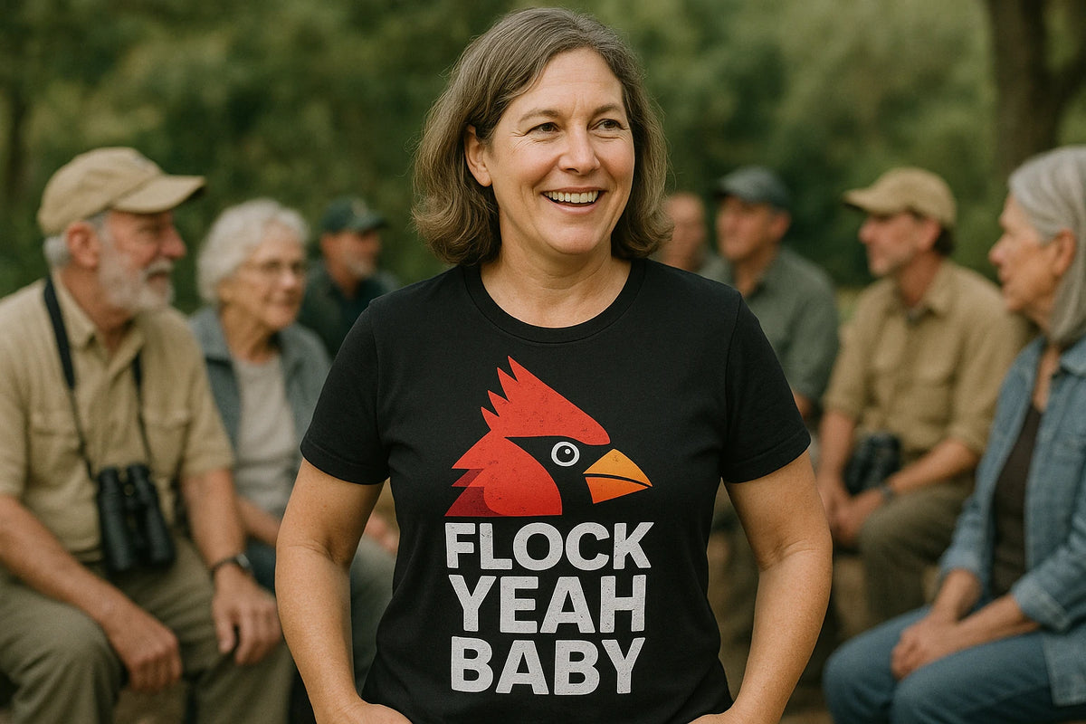 Lifestyle shot of the "Flock Yeah Baby" black cardinal t shirt in a real-world setting