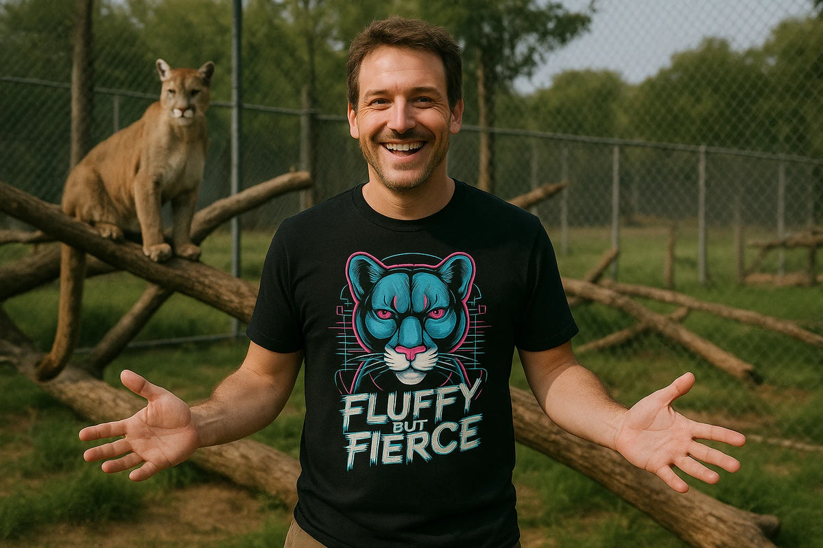 Lifestyle shot of the "Fluffy But Fierce" black cougar t shirt designs in a real-world setting