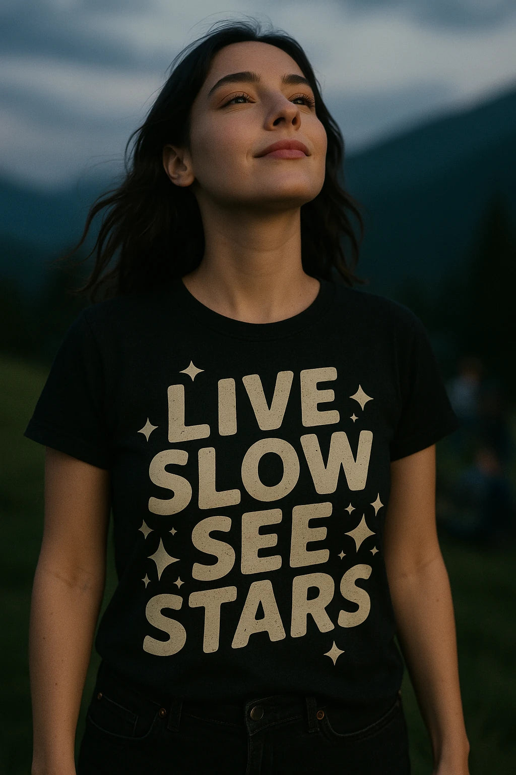 "Live Slow See Stars" black stargazing t shirt, photographed as gifts for stargazing lovers