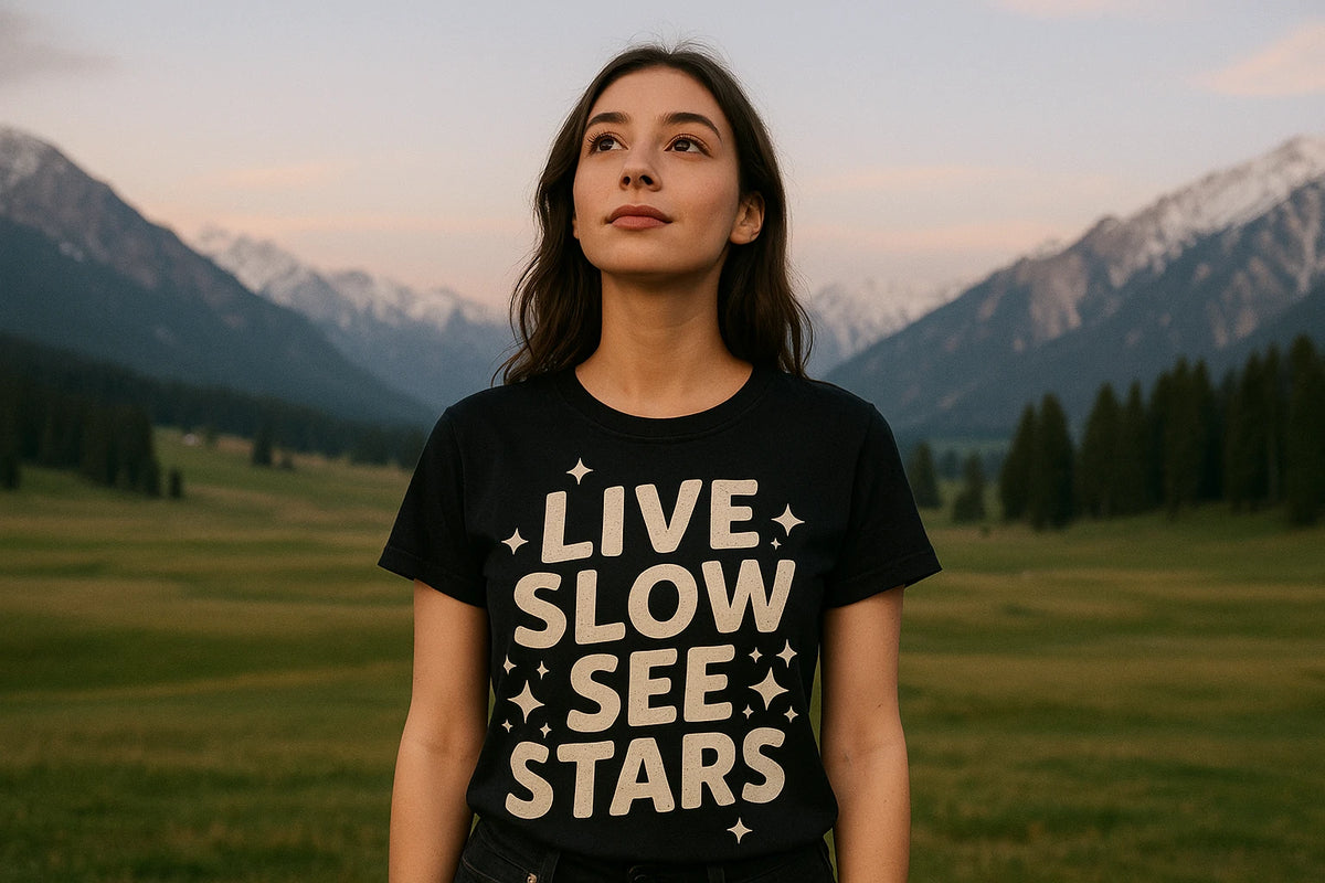 Lifestyle shot of the "Live Slow See Stars" black stargazing t shirt in a real-world setting