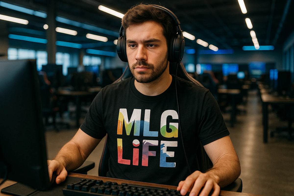 Lifestyle shot of the "Mlg Life" black esports t shirt design in a real-world setting