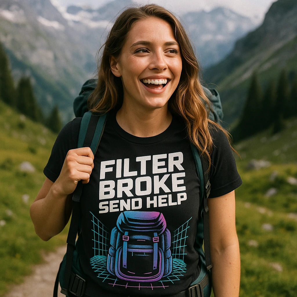 "Filter Broke Send Help" black backpacking shirts - a birthday gift for backpacking lover