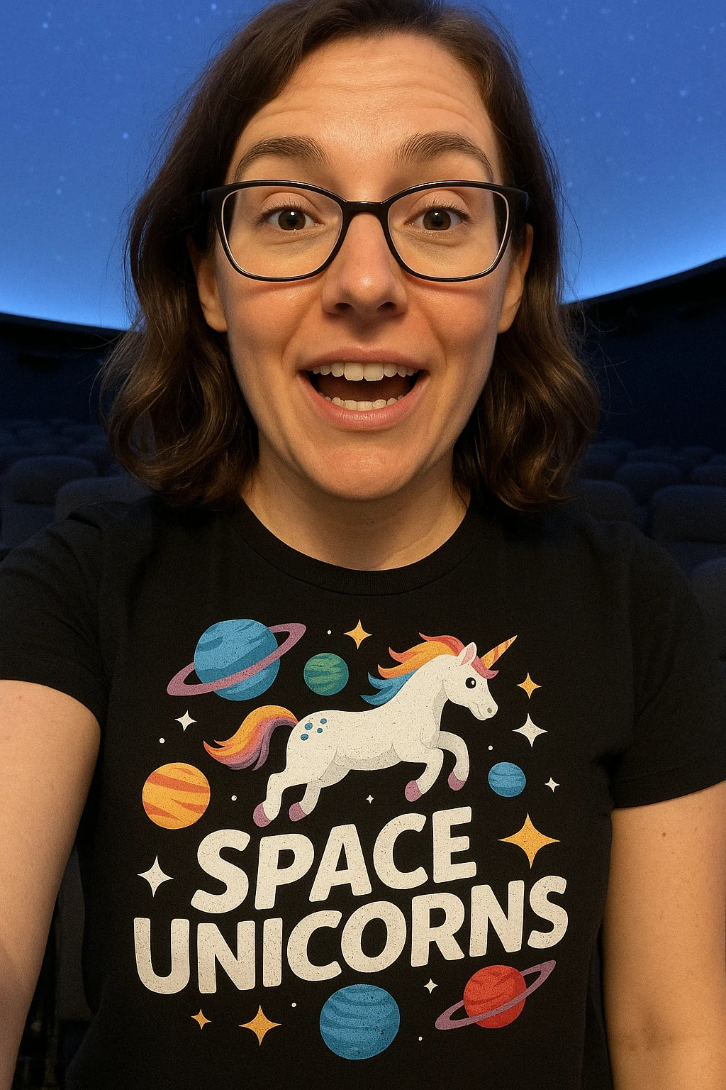"Space Unicorns" black space exploration t shirt, photographed as space exploration lover gift