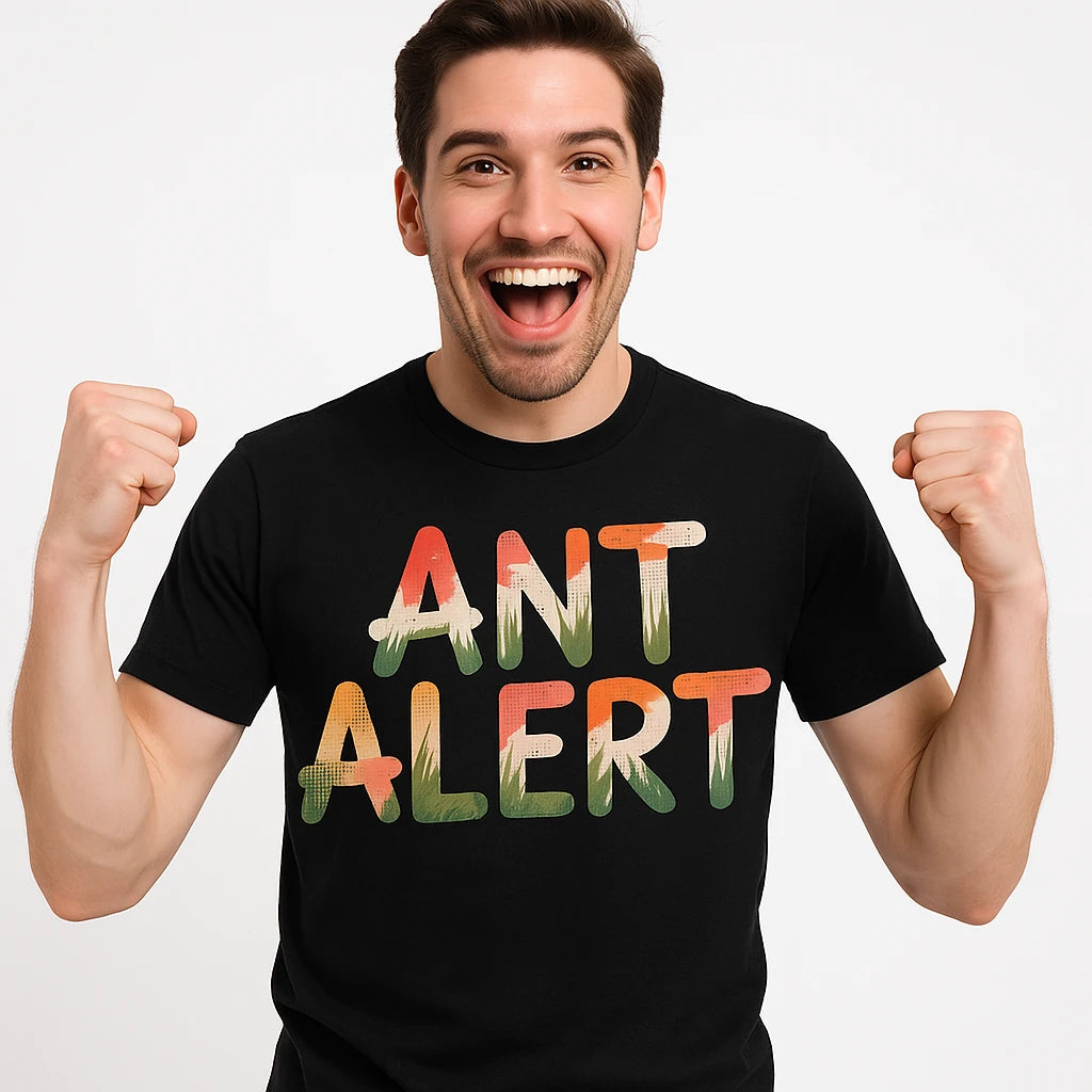 Close-up of the "Ant Alert" gray print on a premium Bella+Canvas black picnicking t shirt