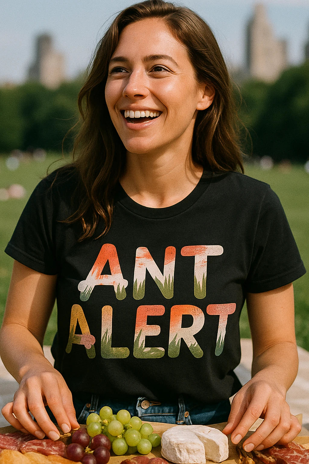 "Ant Alert" black picnicking t shirt, photographed as picnicking lover gift