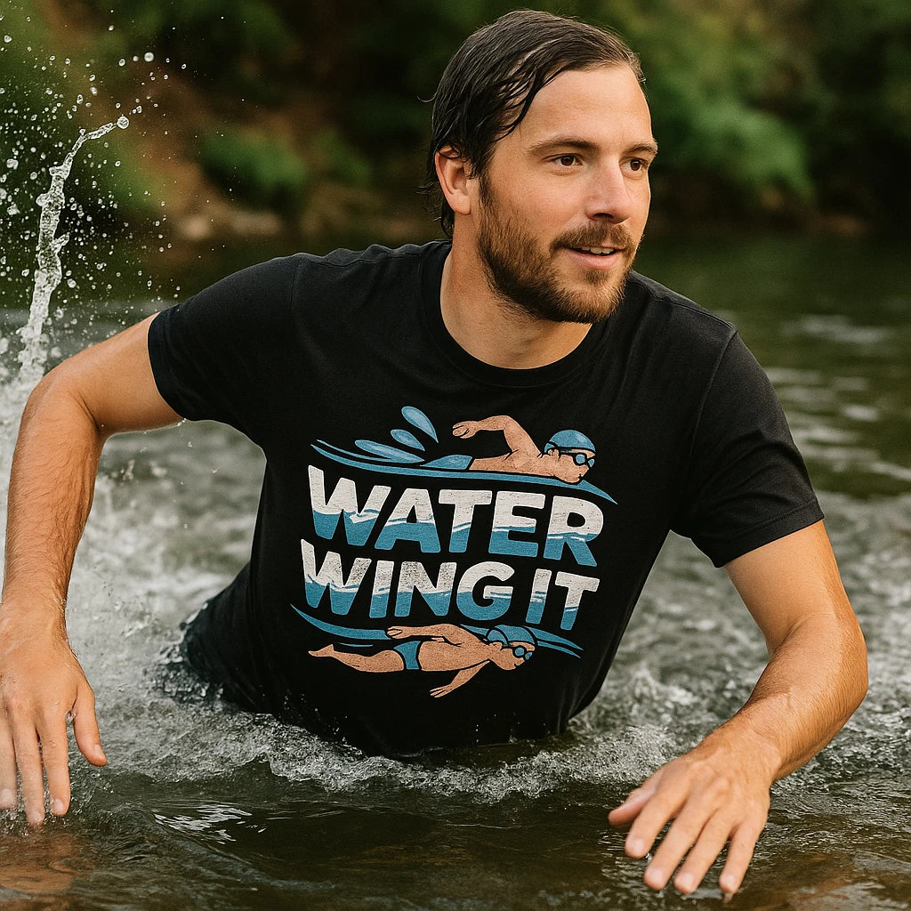 "Water Wing It" black swimming t shirt men - also a thermal shirt for swimming in cold water