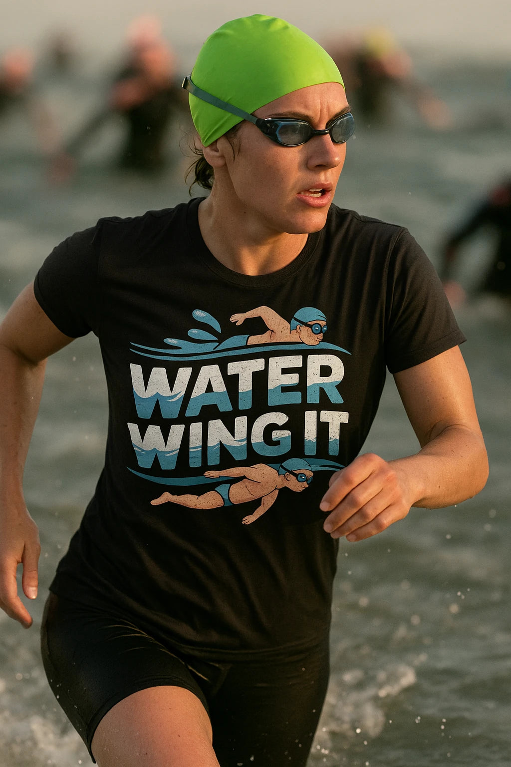 "Water Wing It" black swimming t shirt men - also a rash guard for swimming