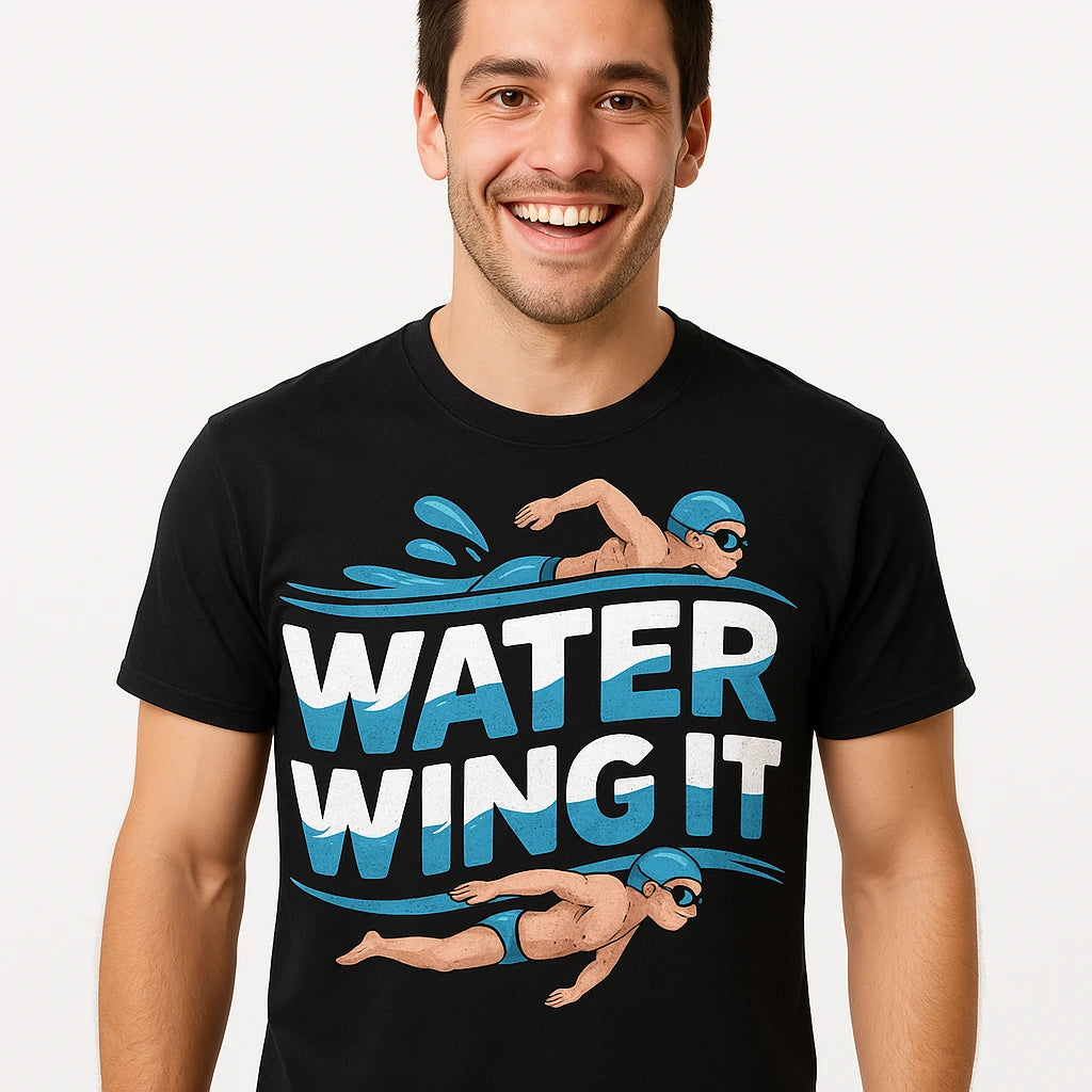 Close-up of the "Water Wing It" cream print on a premium Bella+Canvas black swimming t shirt men