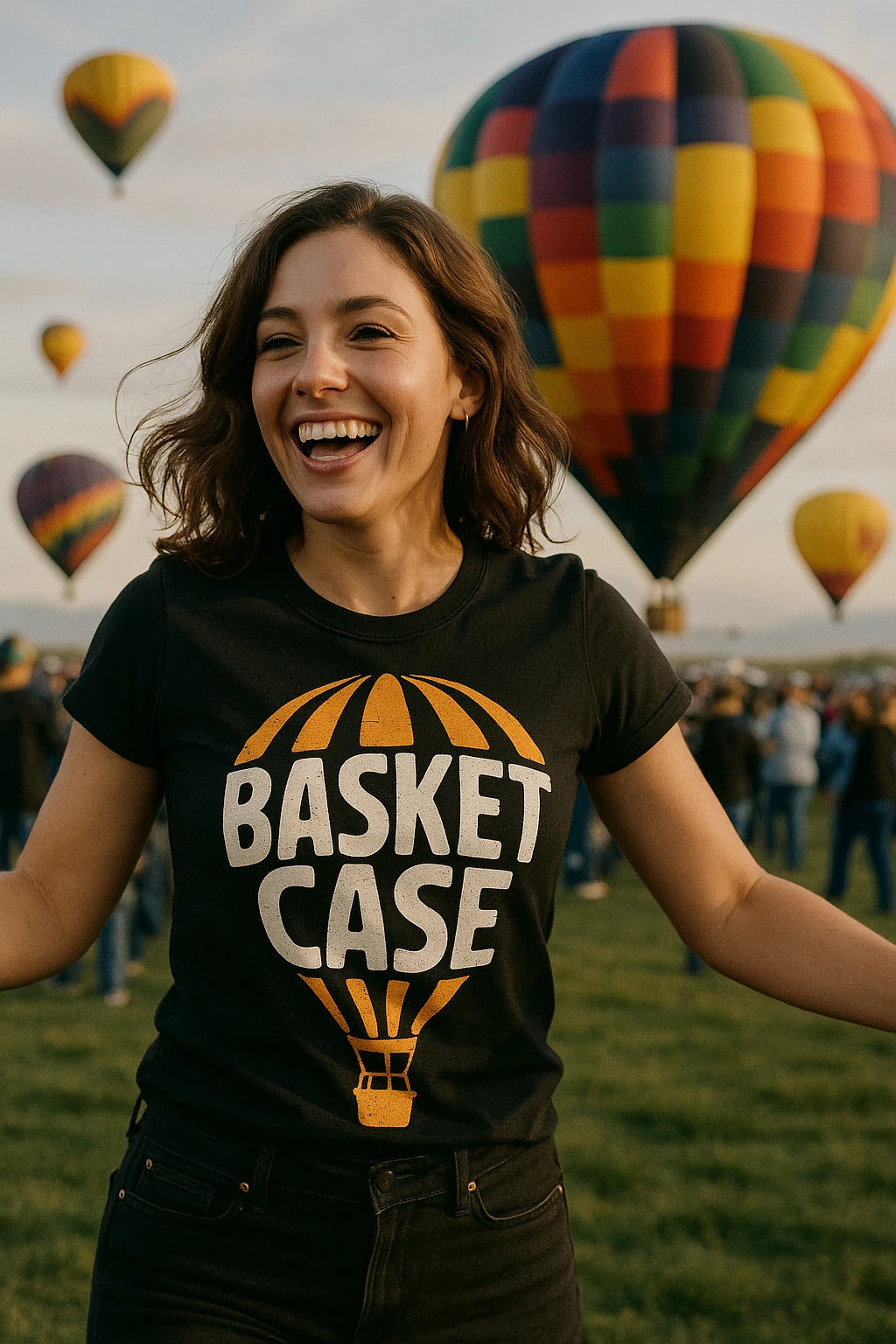 "Basket Case" black hot air balloon t shirt - a birthday gift for hot air balloon lover