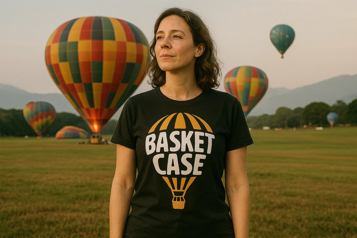 Lifestyle shot of the "Basket Case" black hot air balloon t shirt in a real-world setting